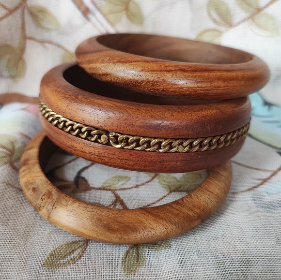 Bohemian Boho Set of 3 Wood Wooden Bangle Bracelets Made in India Chain Accent - Picture 1 of 8